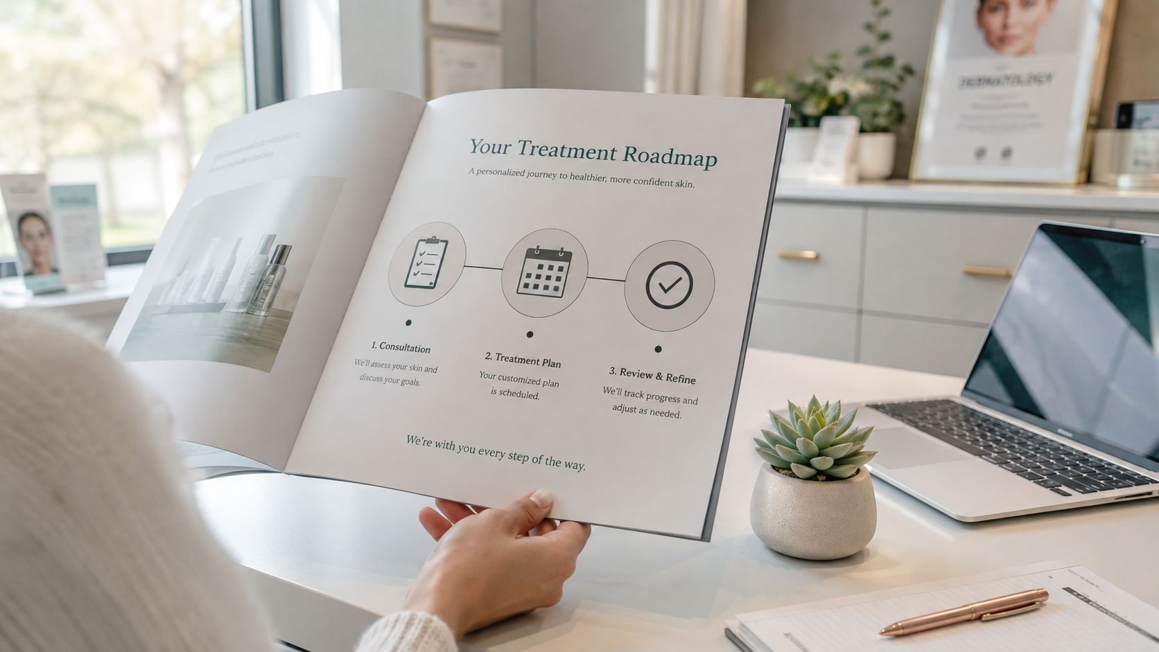 A person holding an open brochure detailing a three-step skin treatment plan on a white desk.