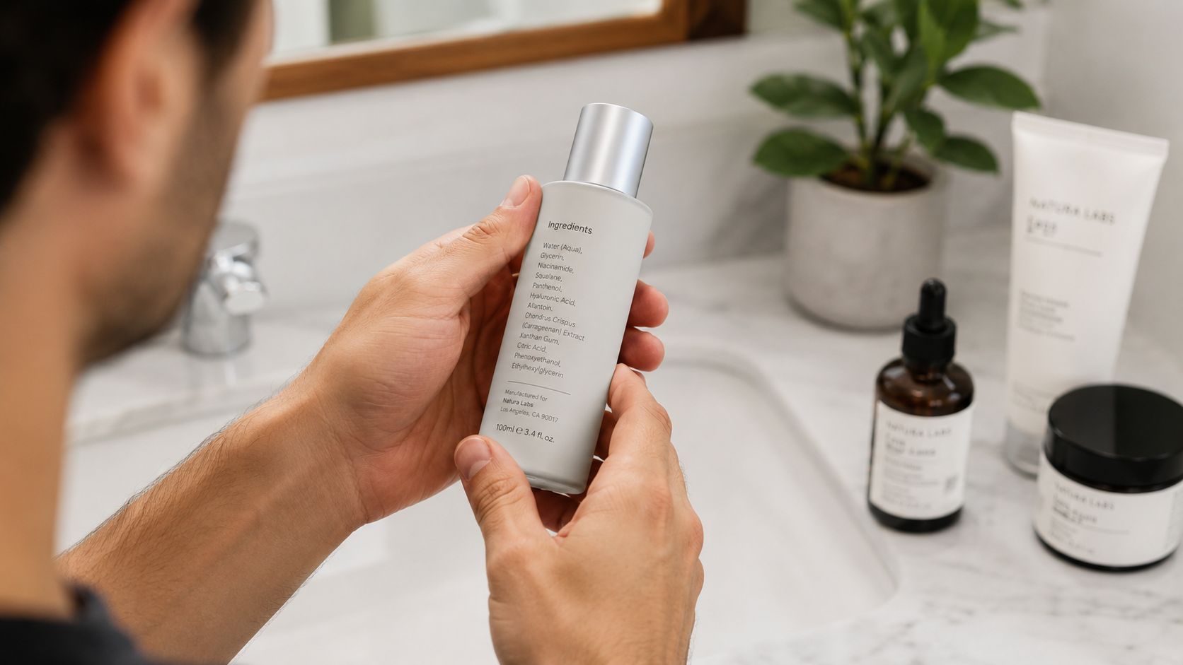 A man holds a bottle of medical grade skincare product in his hands in a bathroom setting.