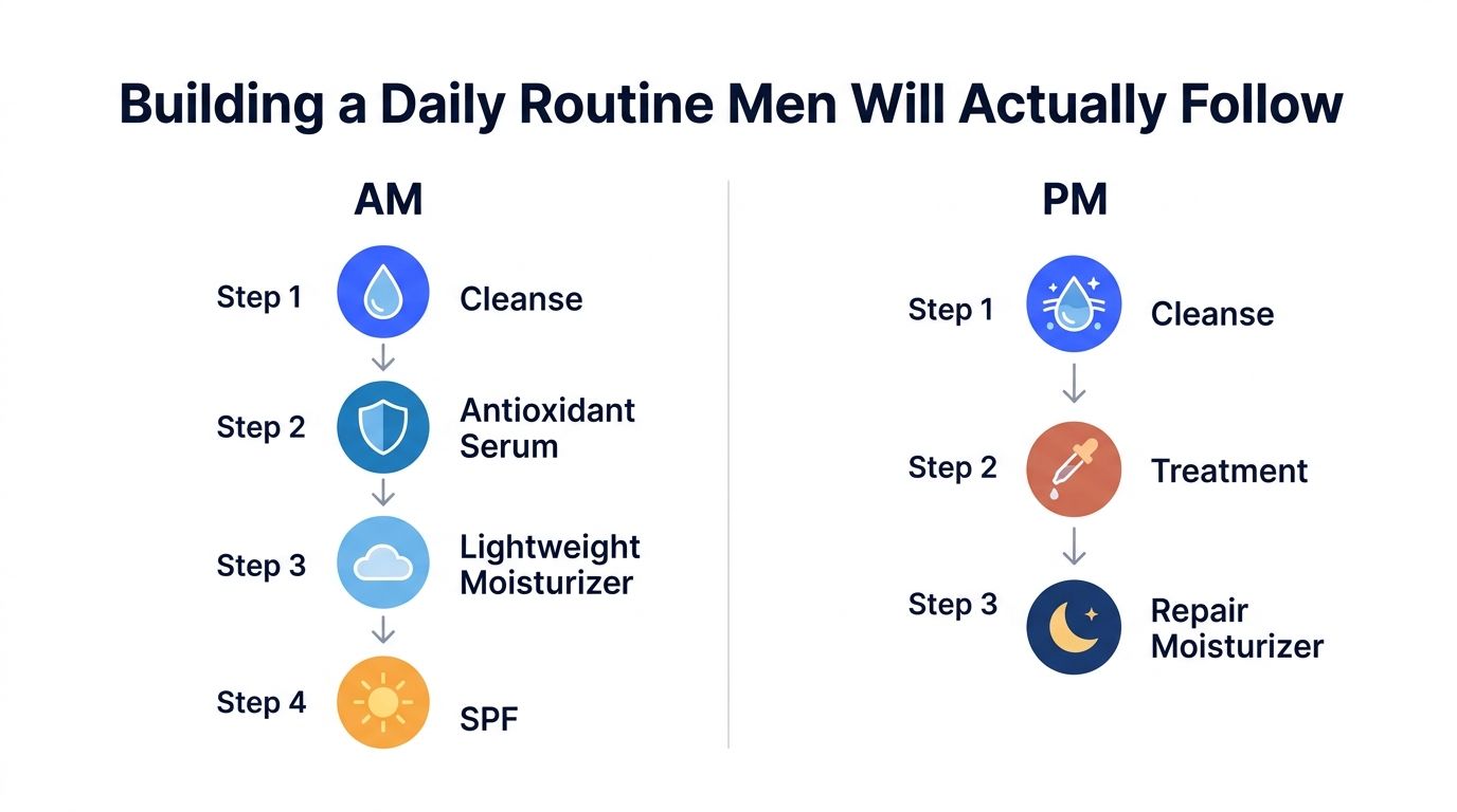 A simple four-step morning and three-step evening skincare routine infographic tailored for men.