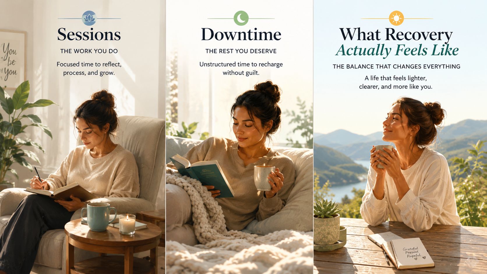 A three-part image showing a woman journaling, reading to relax, and enjoying a peaceful view outdoors.
