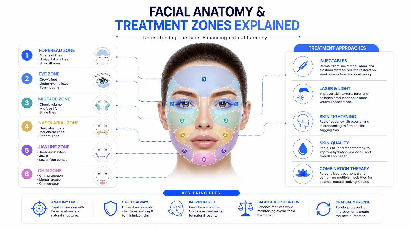 A diagram illustrating facial anatomy and various cosmetic treatment zones for non-surgical facial contouring and rejuvenation.