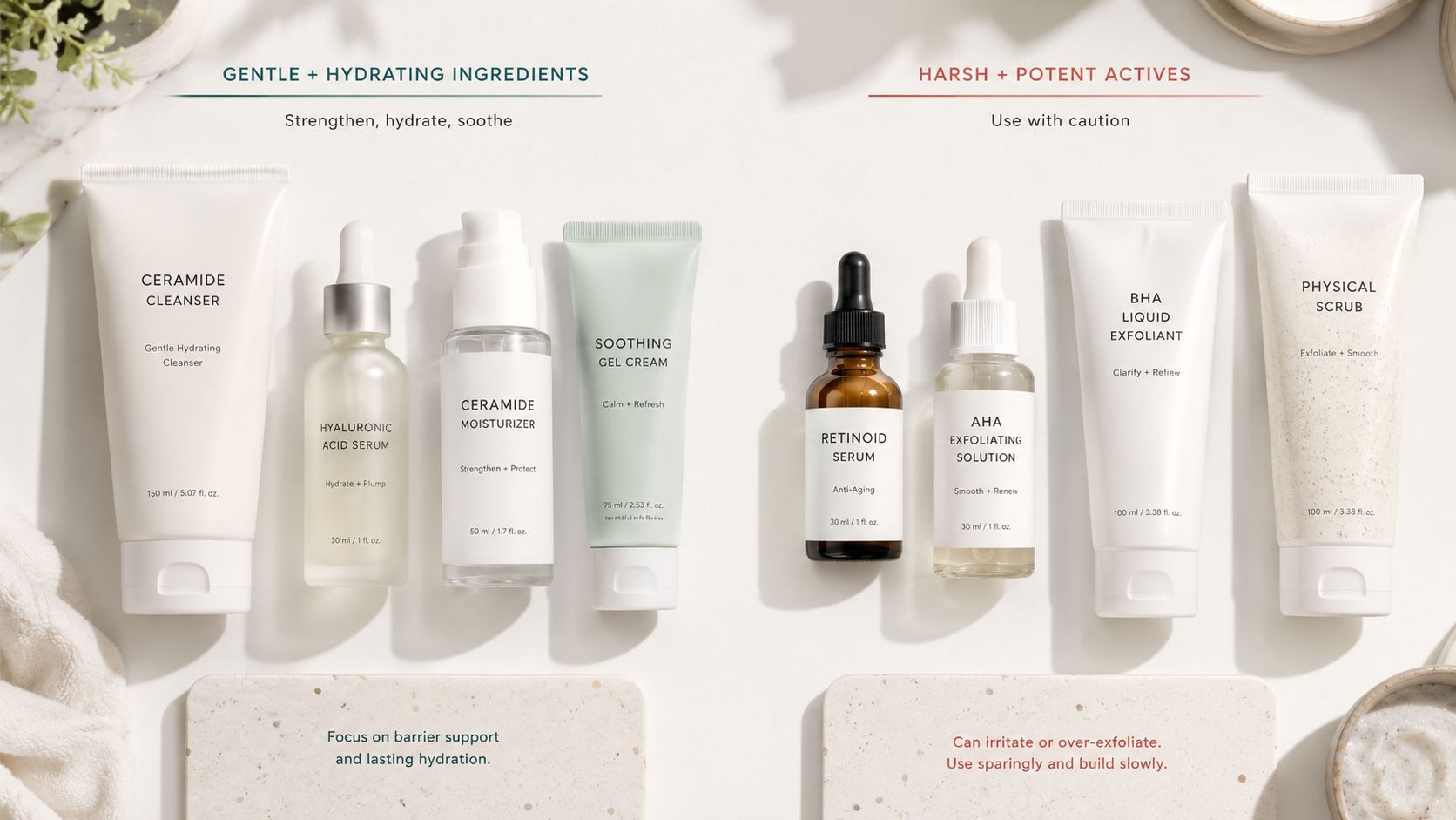 A curated flatlay of skincare products categorized into gentle hydrating items and potent exfoliating treatments.