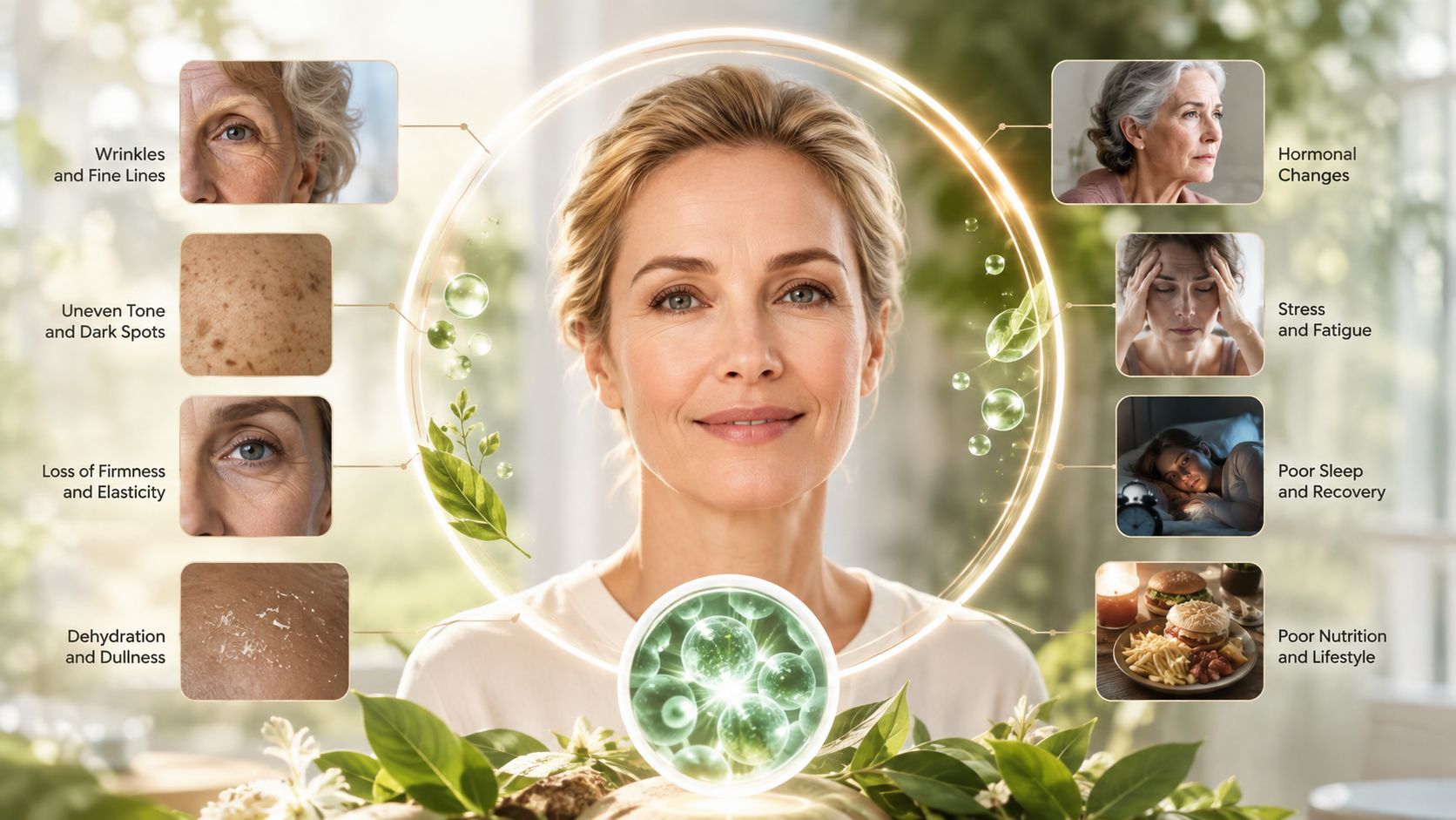 A woman surrounded by icons representing skin issues like aging, stress, and lifestyle factors in a wellness infographic.