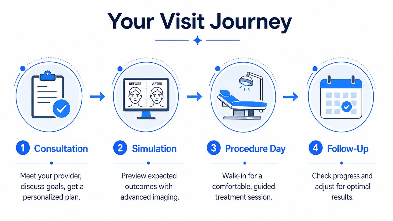 A four-step infographic showing the regenerative skin rejuvenation treatment process from consultation to follow-up appointment.