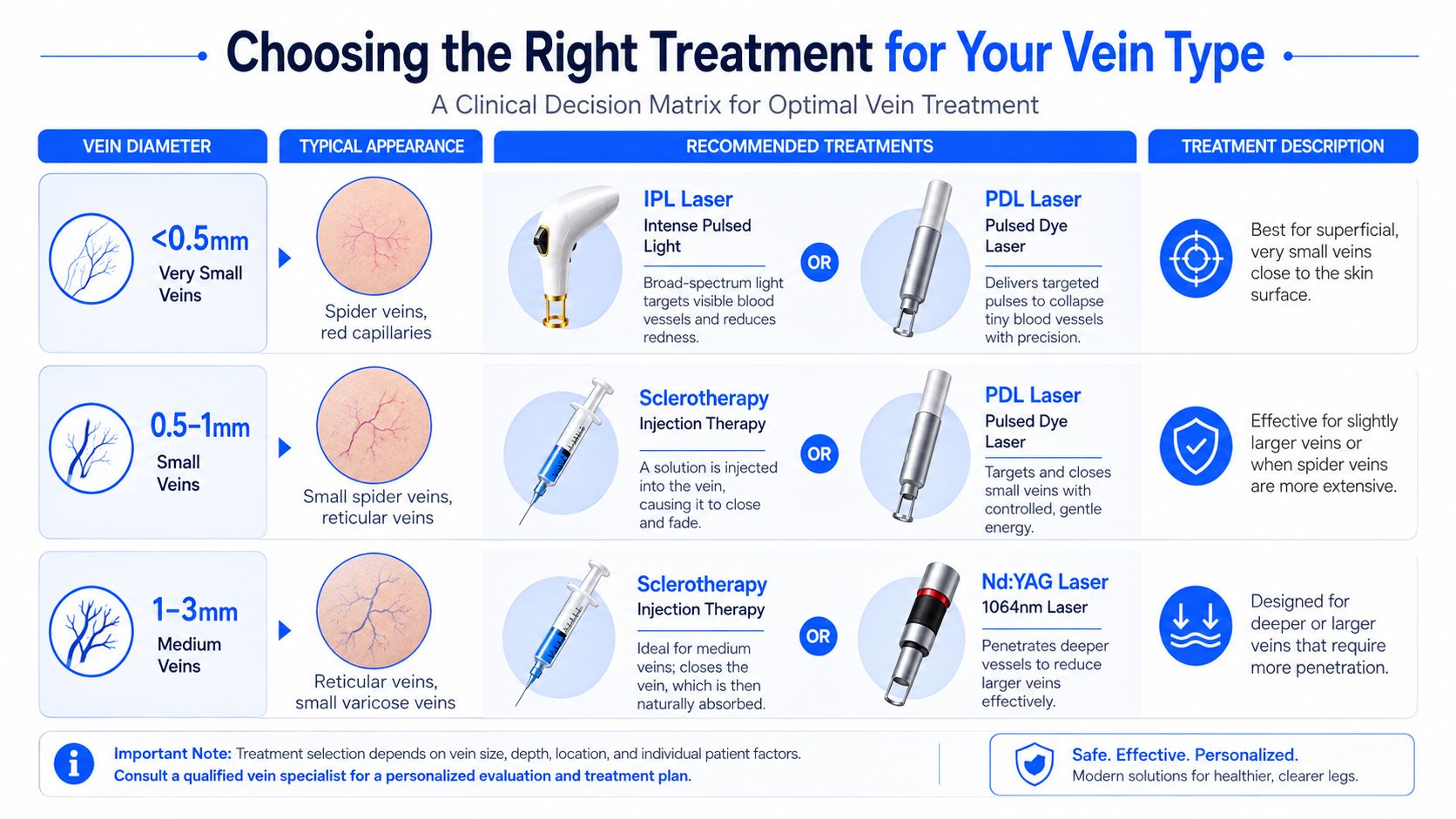 A clinical decision matrix infographic explaining suitable medical treatments based on different vein diameters and types.