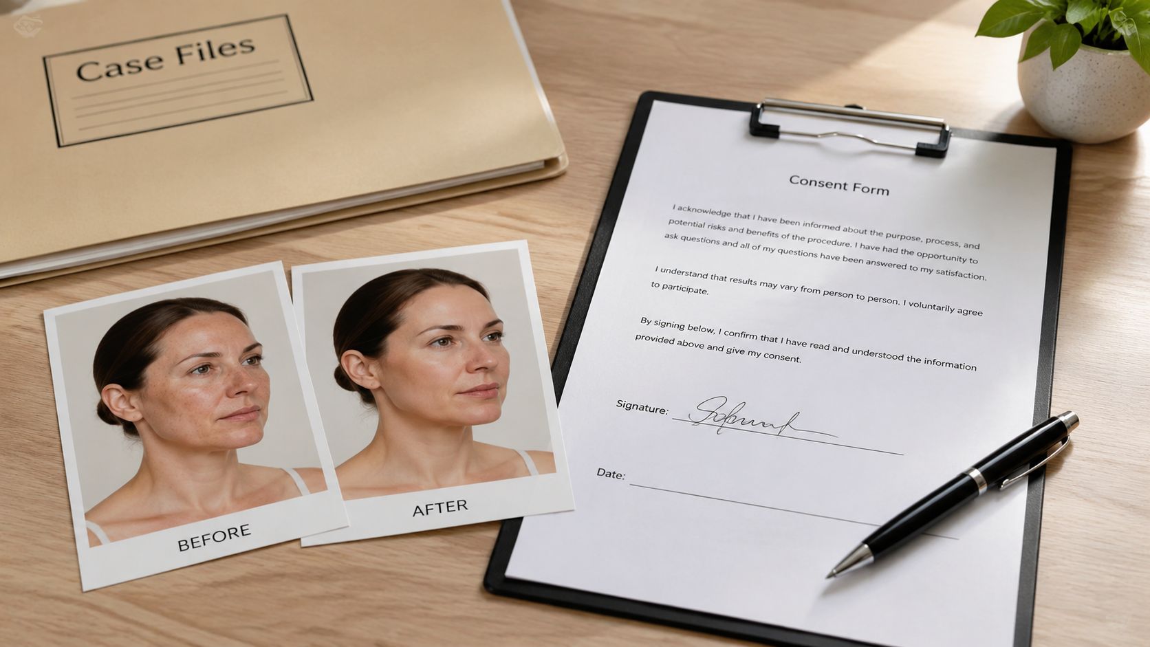 A consent form, a pen, and before and after photos showing a woman's skin transformation.