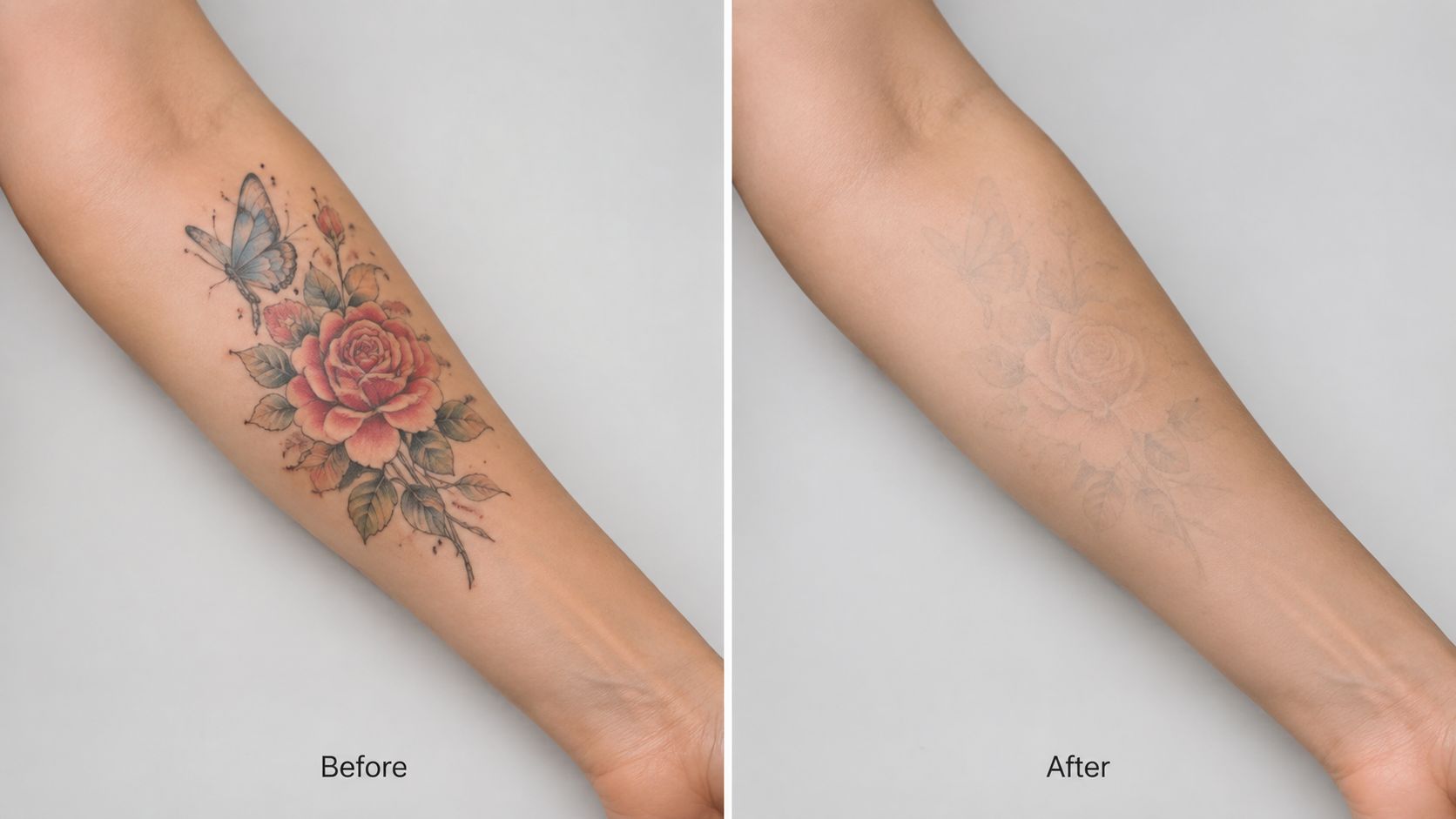 A split image showing a woman's arm with a colorful flower tattoo before and after laser removal.