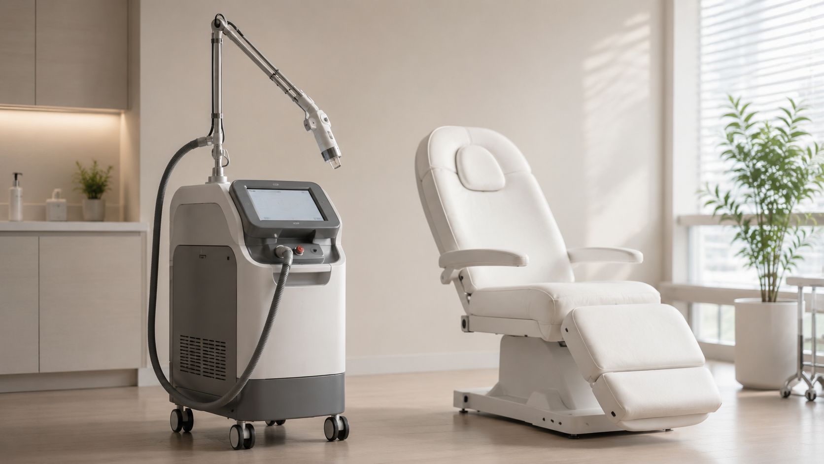 A professional laser machine stands next to a white treatment chair in a clean medical aesthetics clinic.