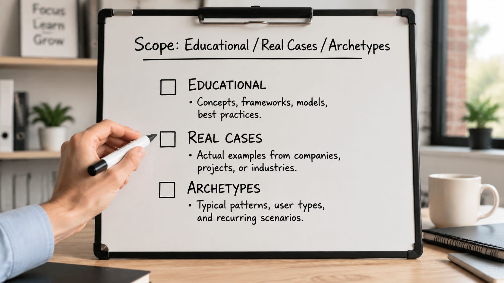 A whiteboard displaying the scope categories: Educational, Real Cases, and Archetypes, with a person pointing.