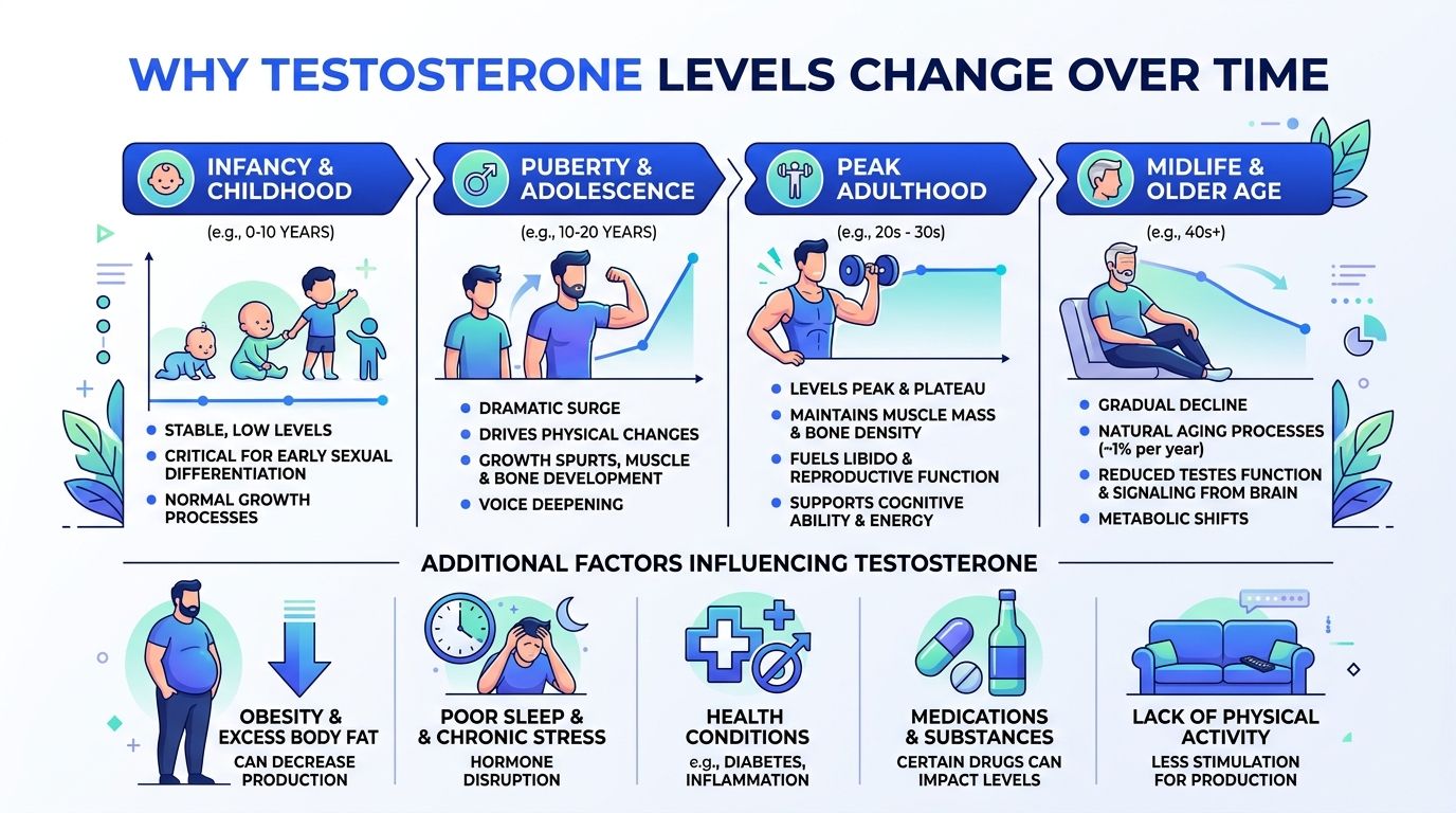 An infographic showing how testosterone levels change across different stages of life and factors affecting production.