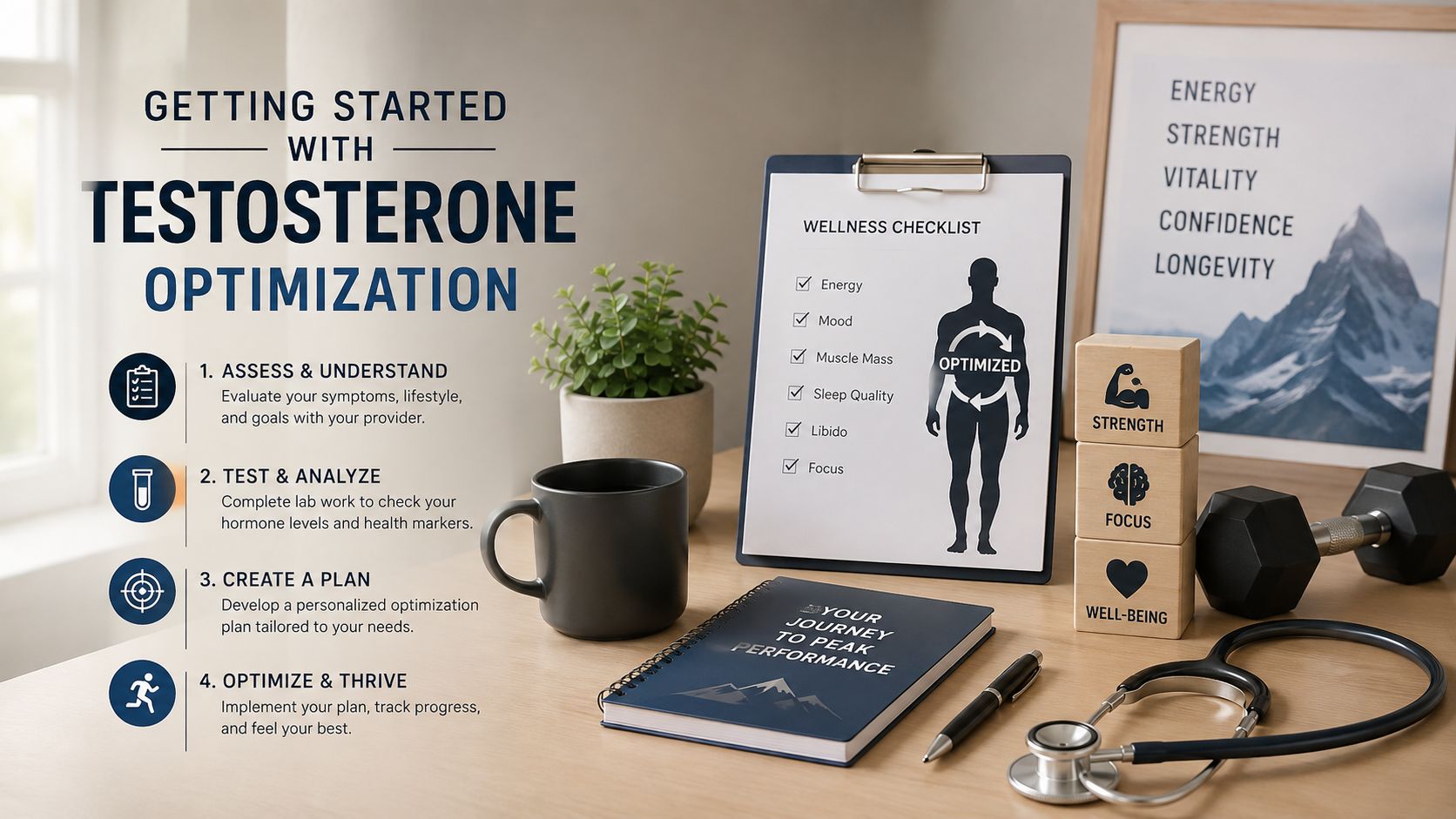A professional infographic desk setup detailing a four-step guide for testosterone optimization and healthy living.