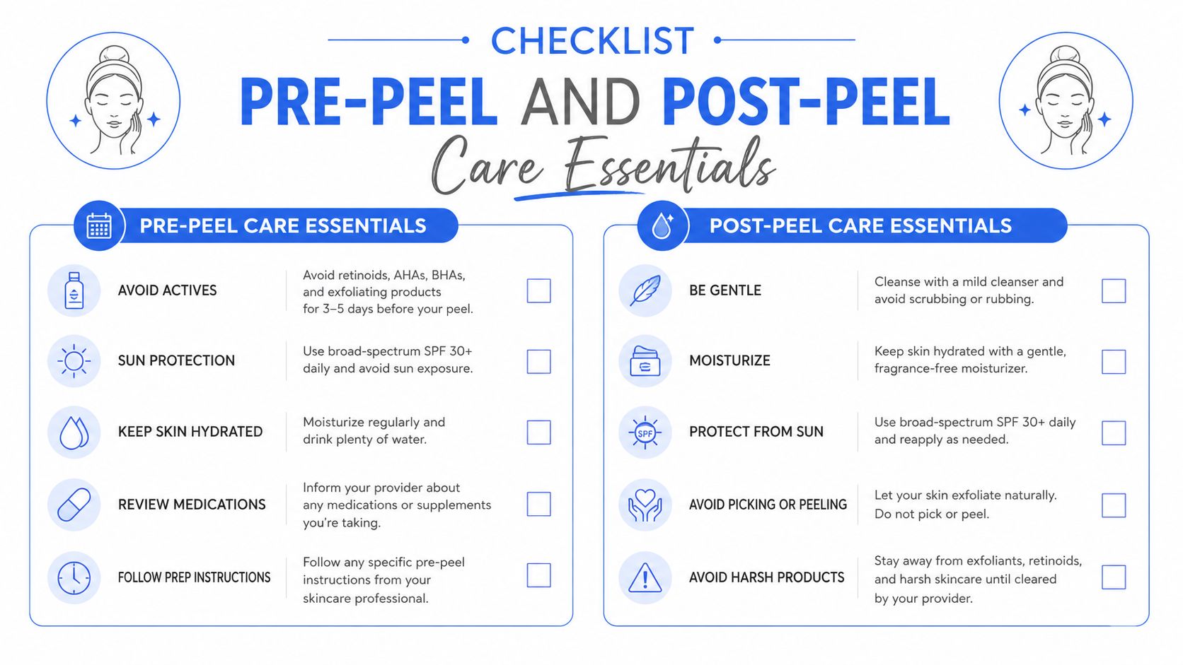 A checklist infographic detailing essential pre-peel and post-peel skincare instructions for chemical peel treatments.