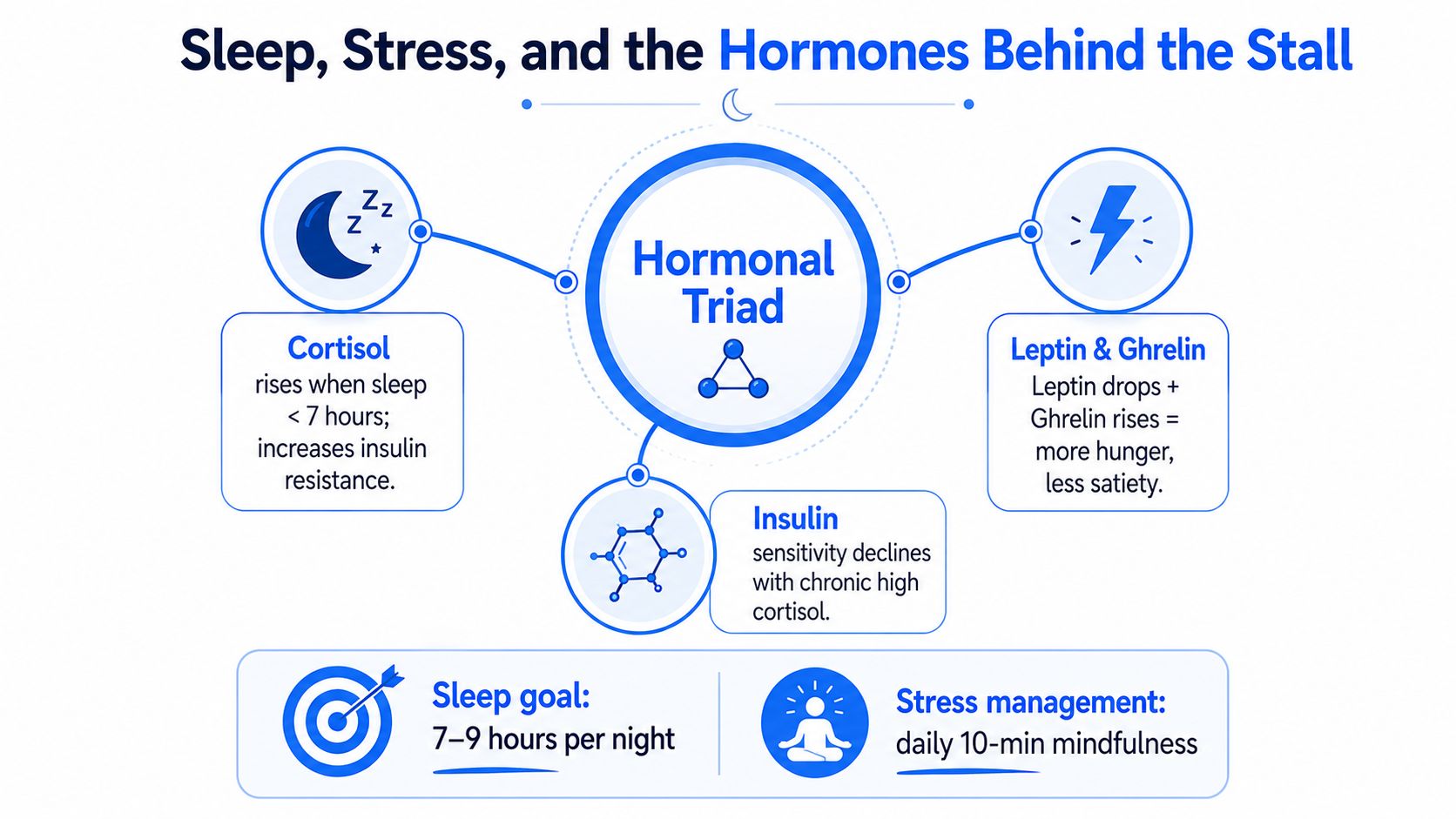 An infographic showing the hormonal connection between sleep, stress, and weight loss plateaus.