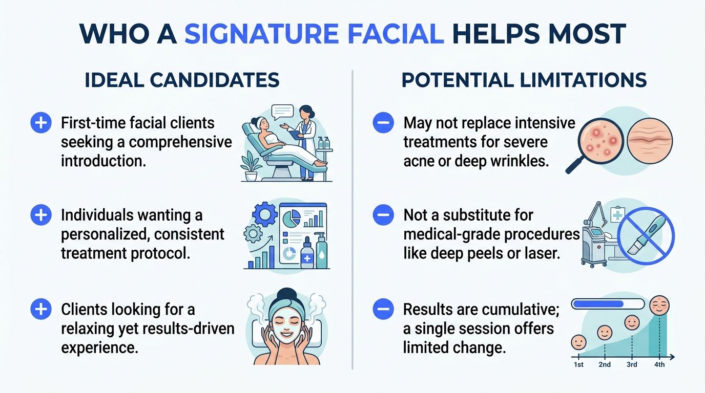 An infographic titled Who a Signature Facial Helps Most, comparing ideal candidates with potential limitations.