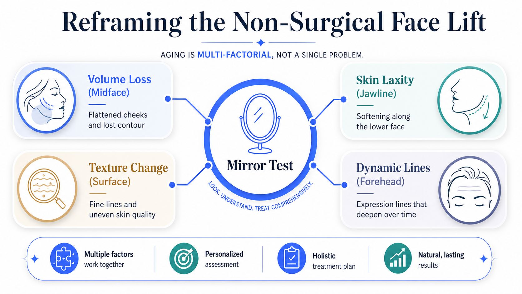 An infographic detailing the four main factors of facial aging treated during a non-surgical face lift.