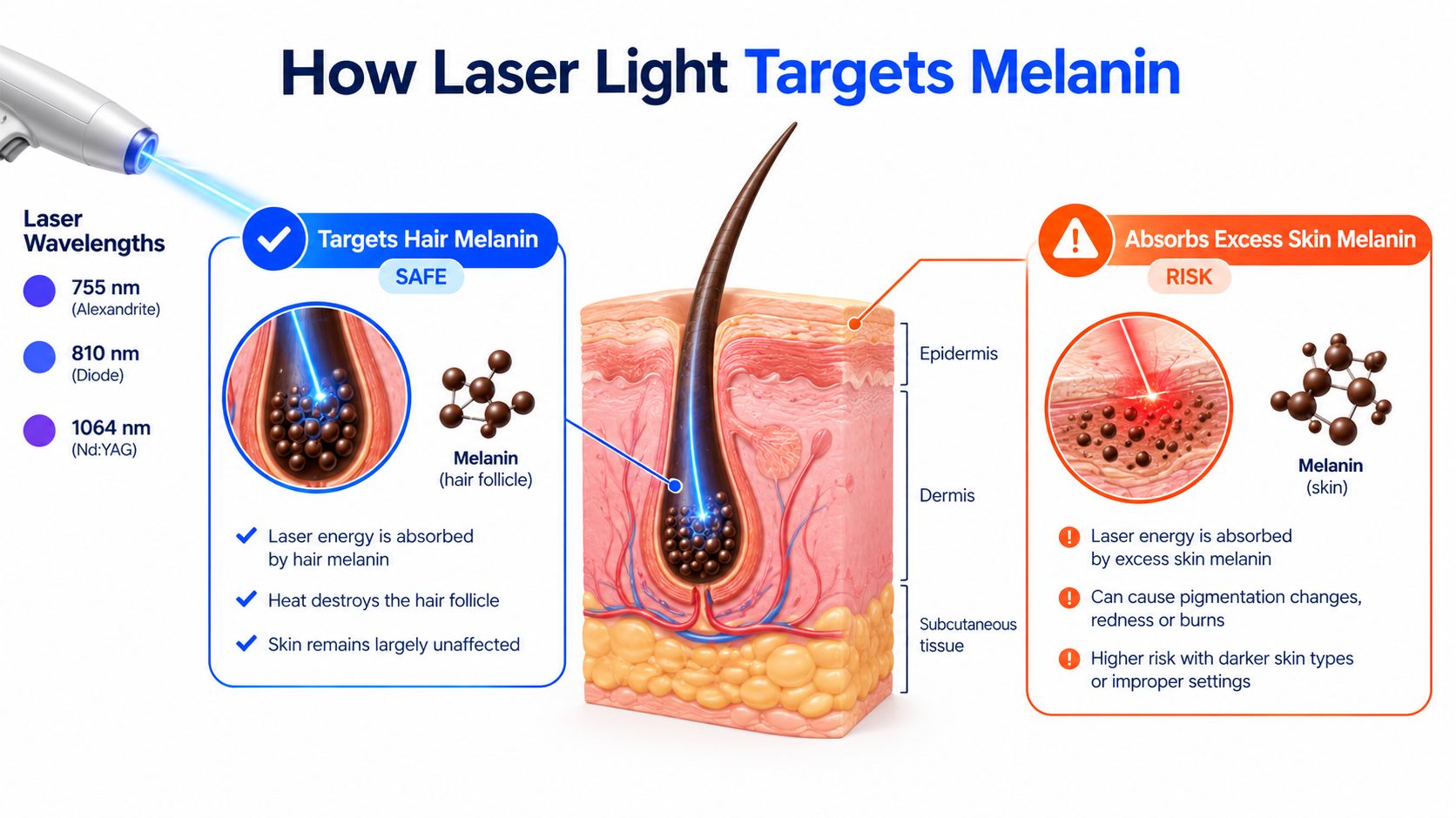 A diagram illustrating how laser hair removal targets melanin in hair follicles versus excess skin melanin.