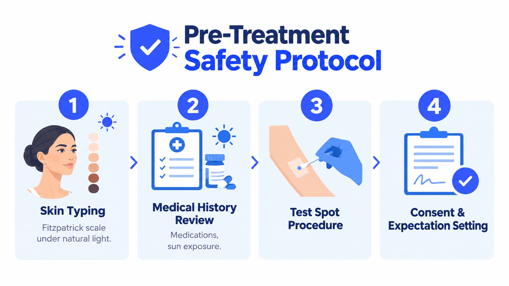 A four-step safety infographic illustrating the pre-treatment protocol for laser hair removal procedures on various skin types.