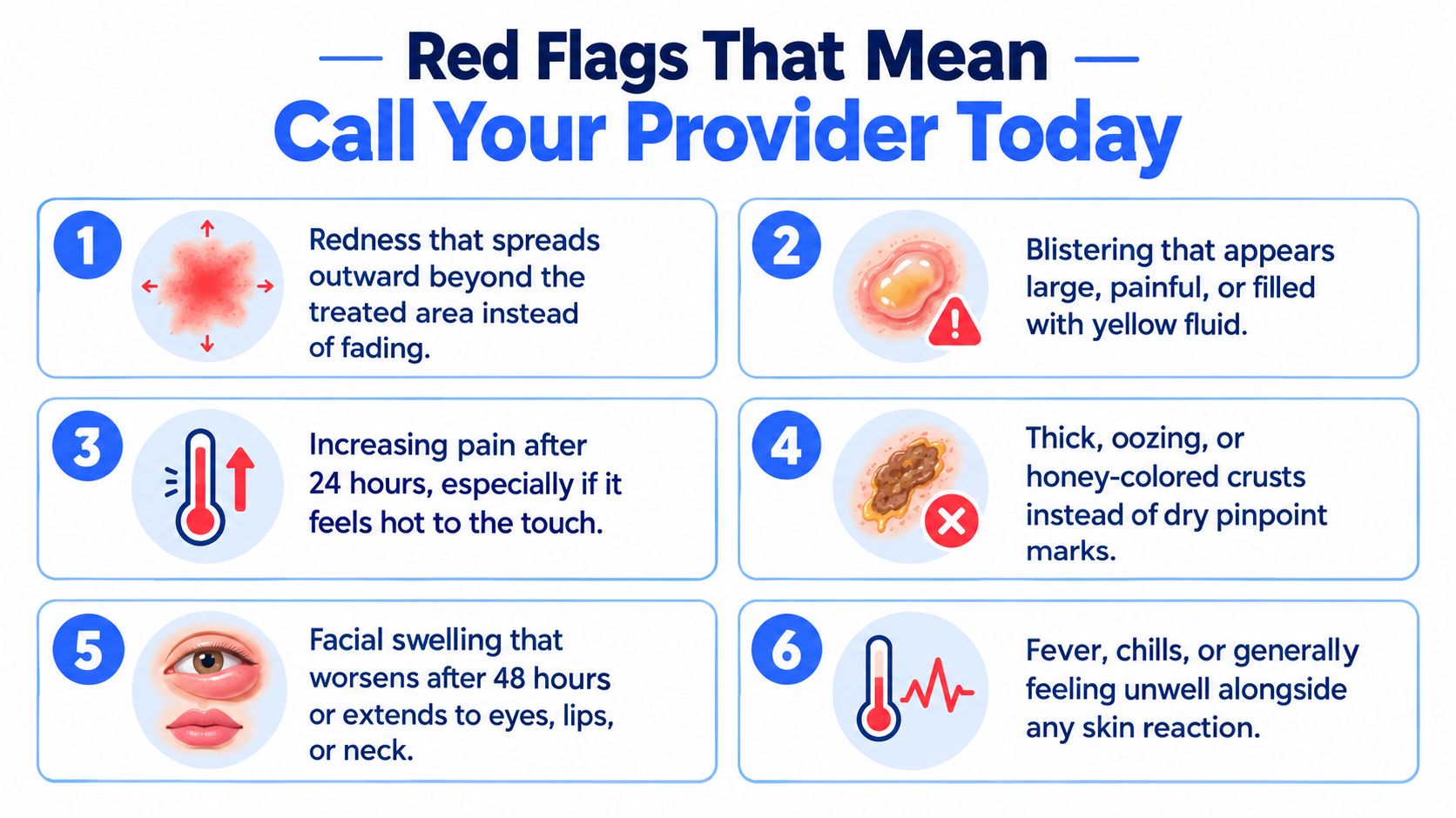 An infographic titled Red Flags That Mean Call Your Provider Today listing six symptoms to watch after treatment.
