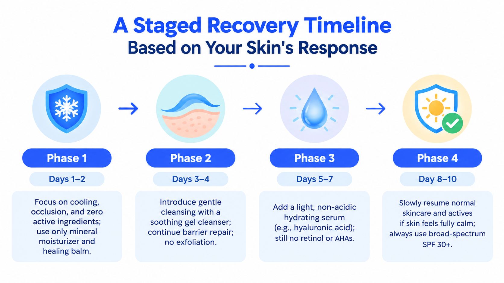 A four-phase skincare recovery timeline guide for post-treatment skin healing featuring gentle cooling and hydration steps.