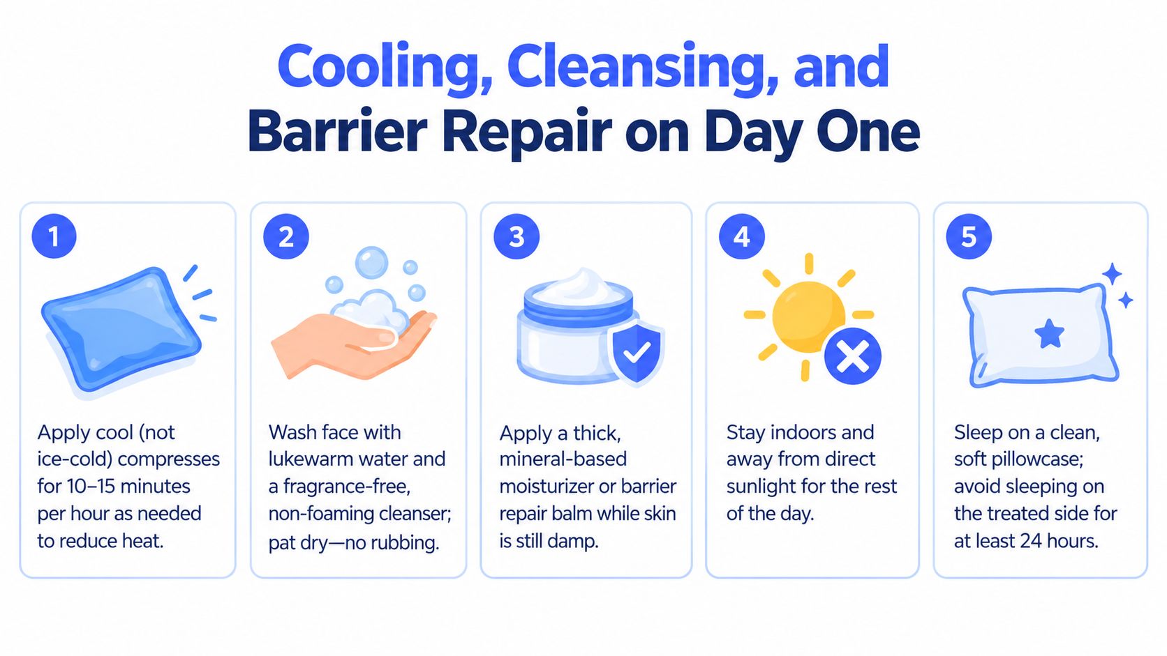 A five-step guide for cooling, cleansing, and skin barrier repair after an IPL treatment.