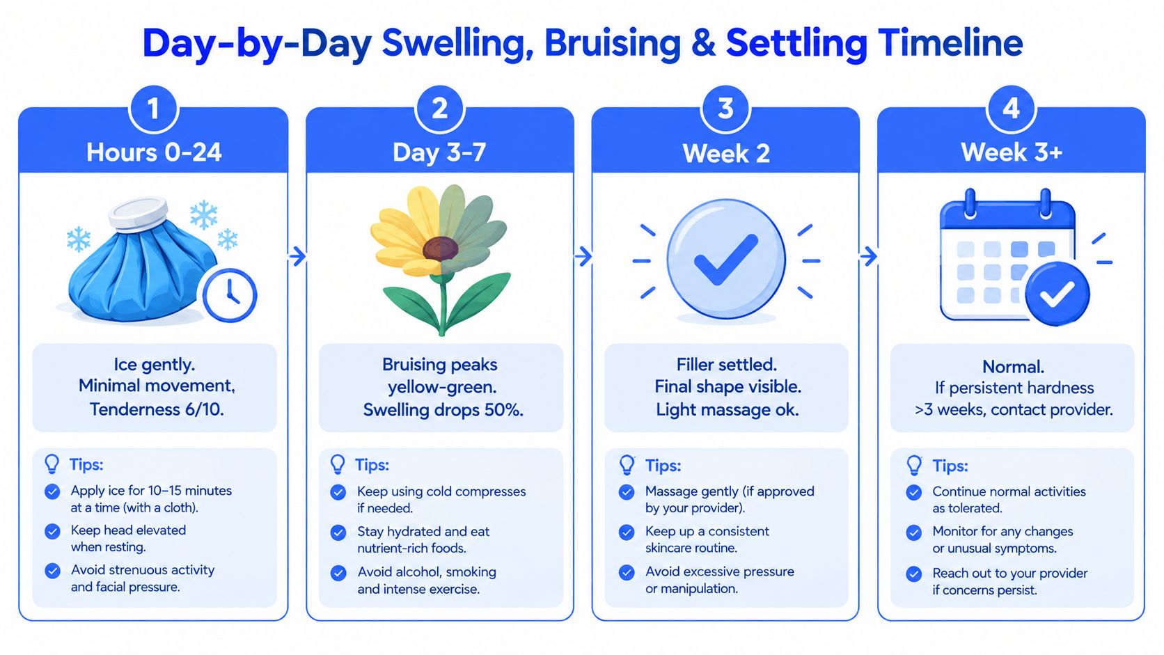 An infographic detailing the day-by-day timeline of swelling, bruising, and settling after dermal filler injections.