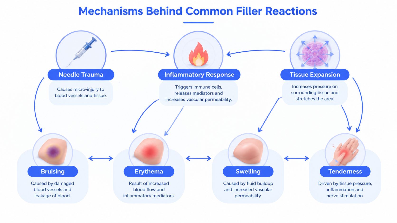 A diagram illustrating the mechanisms behind common dermal filler side effects like bruising, erythema, swelling, and tenderness.
