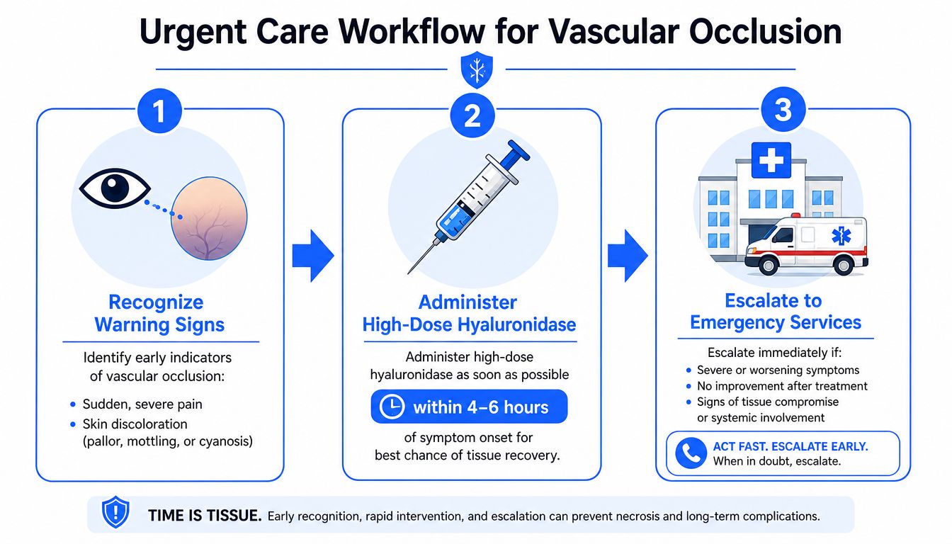A flow chart outlining the urgent care workflow for treating vascular occlusion following dermal filler injections.