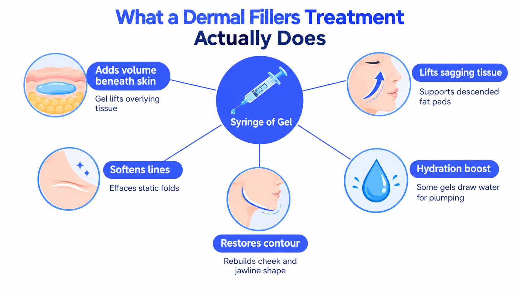 A diagram illustrating the five main benefits of dermal fillers, including volume, lifting, softening lines, hydration, and contouring.