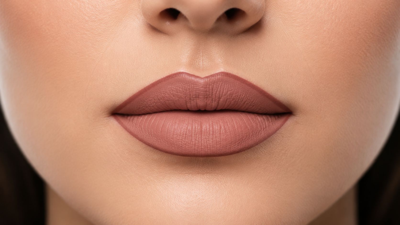 Close-up of a person with perfectly defined lips and smooth nude-toned lipstick application for aesthetic beauty.