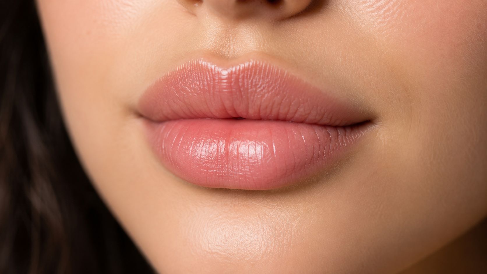 A close up view of a person's natural, plump, and healthy looking pink lips.