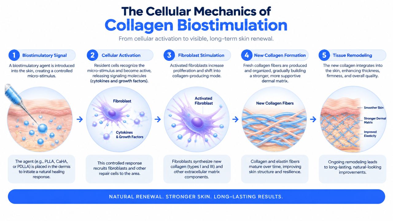 A five-step infographic showing the biological process of collagen biostimulation for skin rejuvenation and tissue remodeling.