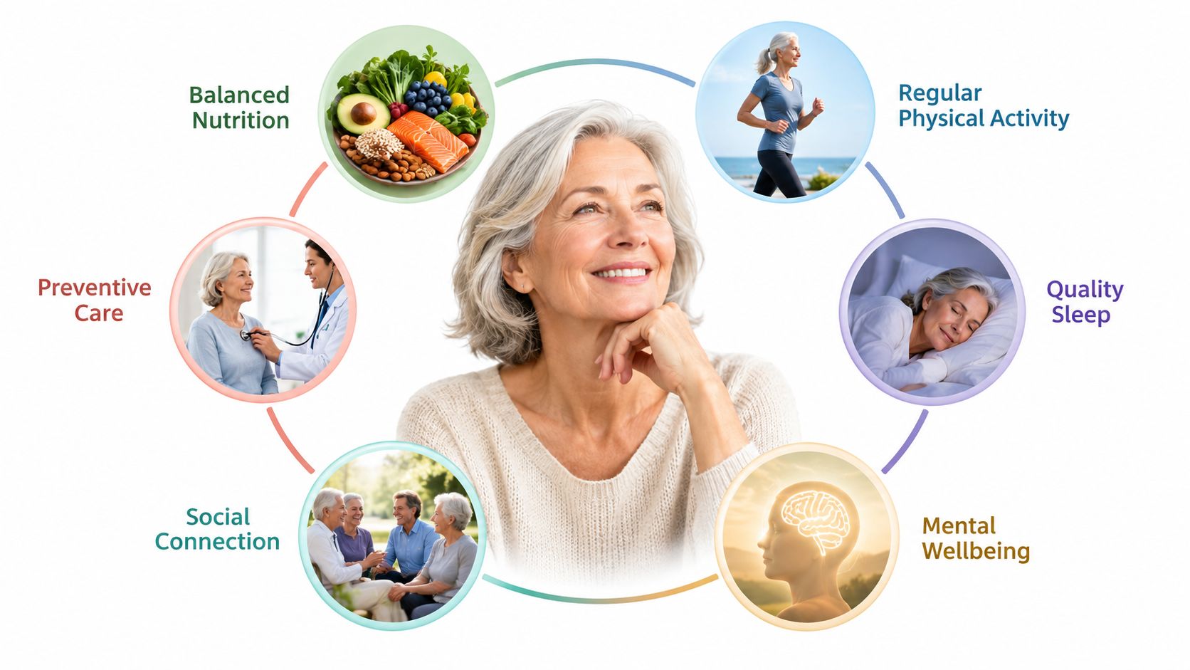 A woman smiling surrounded by icons representing nutrition, exercise, sleep, mental health, social connection, and medical care.