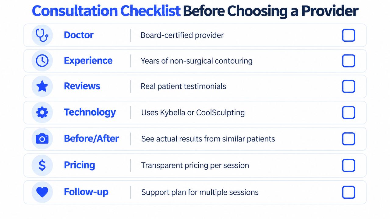 A checklist for choosing a non-surgical double chin reduction provider, covering doctor credentials, experience, reviews, and technology.