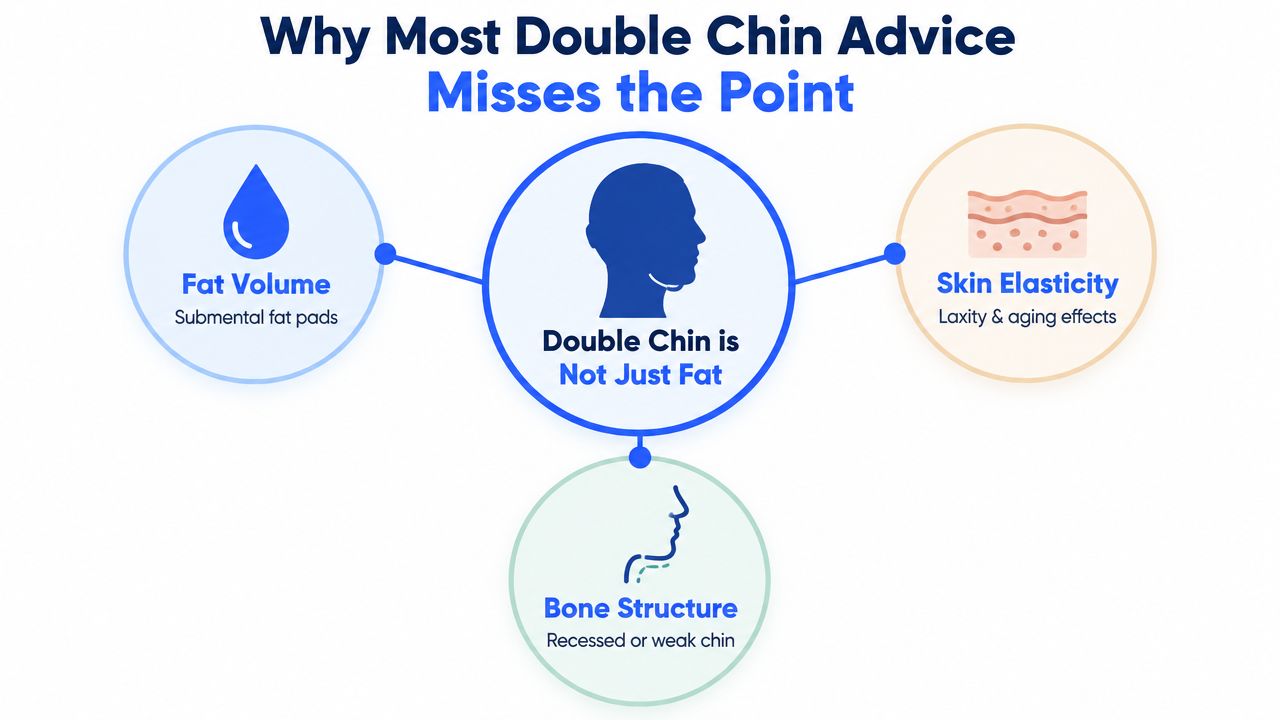 A diagram explaining that double chins are caused by fat, skin elasticity, and bone structure, not just fat.