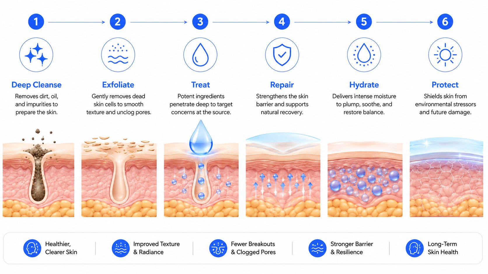 A six-step skincare process infographic illustrating cleansing, exfoliating, treating, repairing, hydrating, and protecting the skin layers.