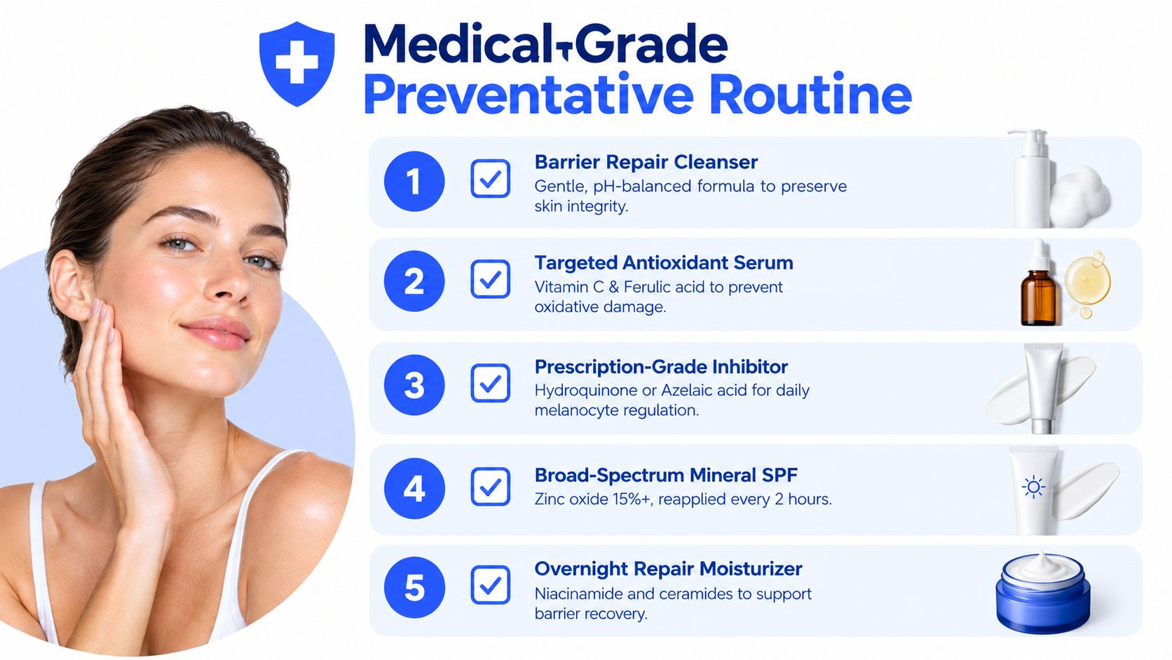 A woman touching her cheek alongside a five-step medical-grade skincare routine for preventing hyperpigmentation.