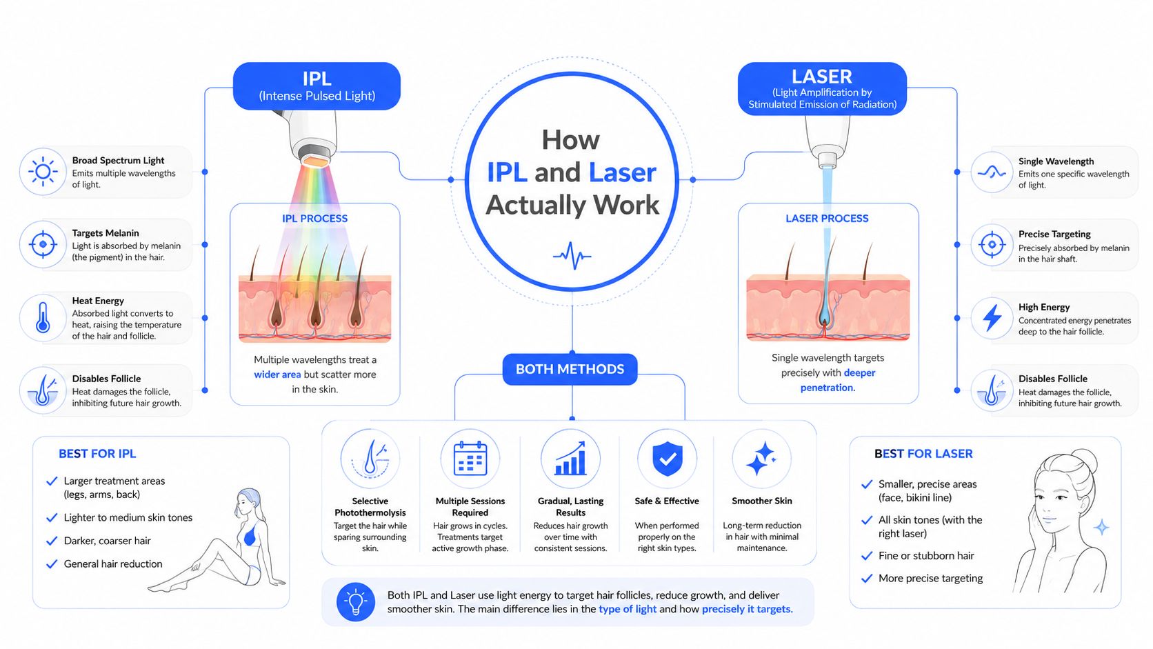 An infographic comparing IPL and laser hair removal, illustrating how each technology uses light energy to disable follicles.