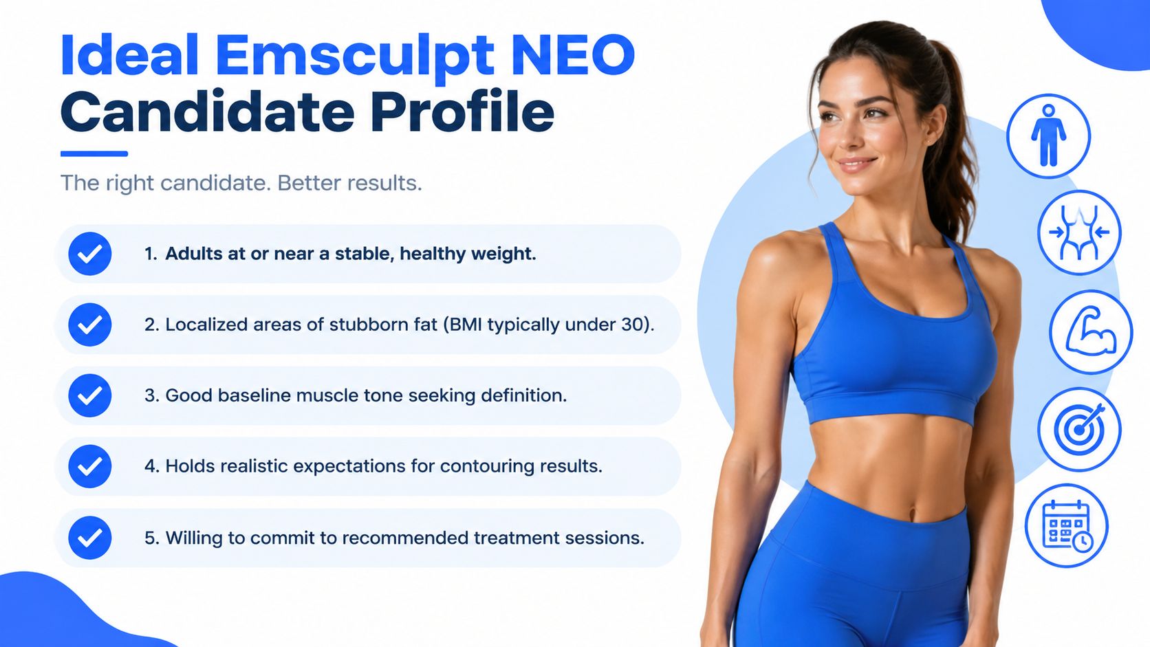 A list of criteria for an ideal Emsculpt NEO candidate next to a fit woman in blue sportswear.