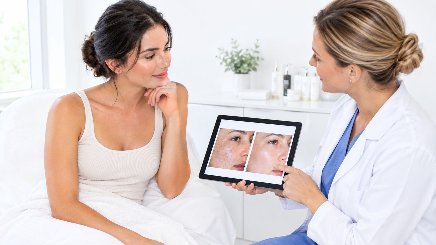 A professional dermatologist showing a skin before and after comparison on a digital tablet to a patient.