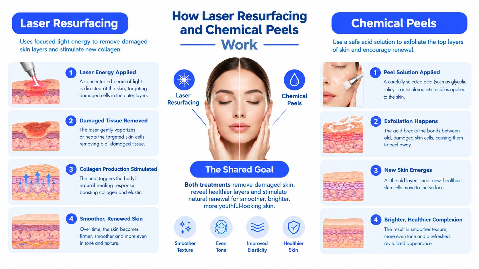 An infographic comparing laser resurfacing and chemical peels, showing the step-by-step skin renewal process for each.