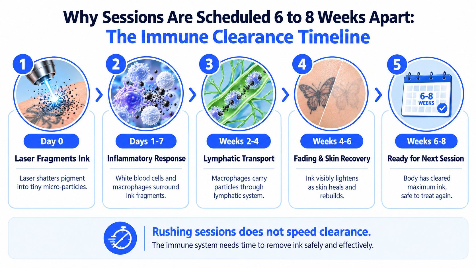 A diagram explaining the five-step immune clearance timeline during the laser tattoo removal healing process over several weeks.
