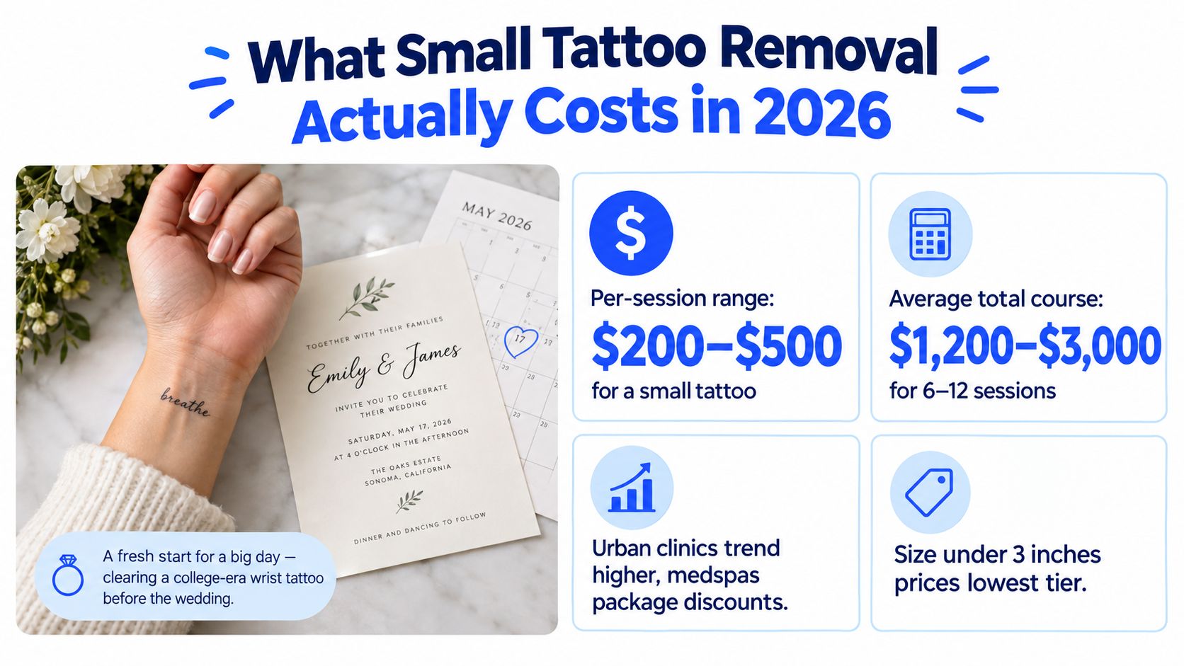 An infographic detailing the estimated costs for small tattoo removal services in the year 2026.