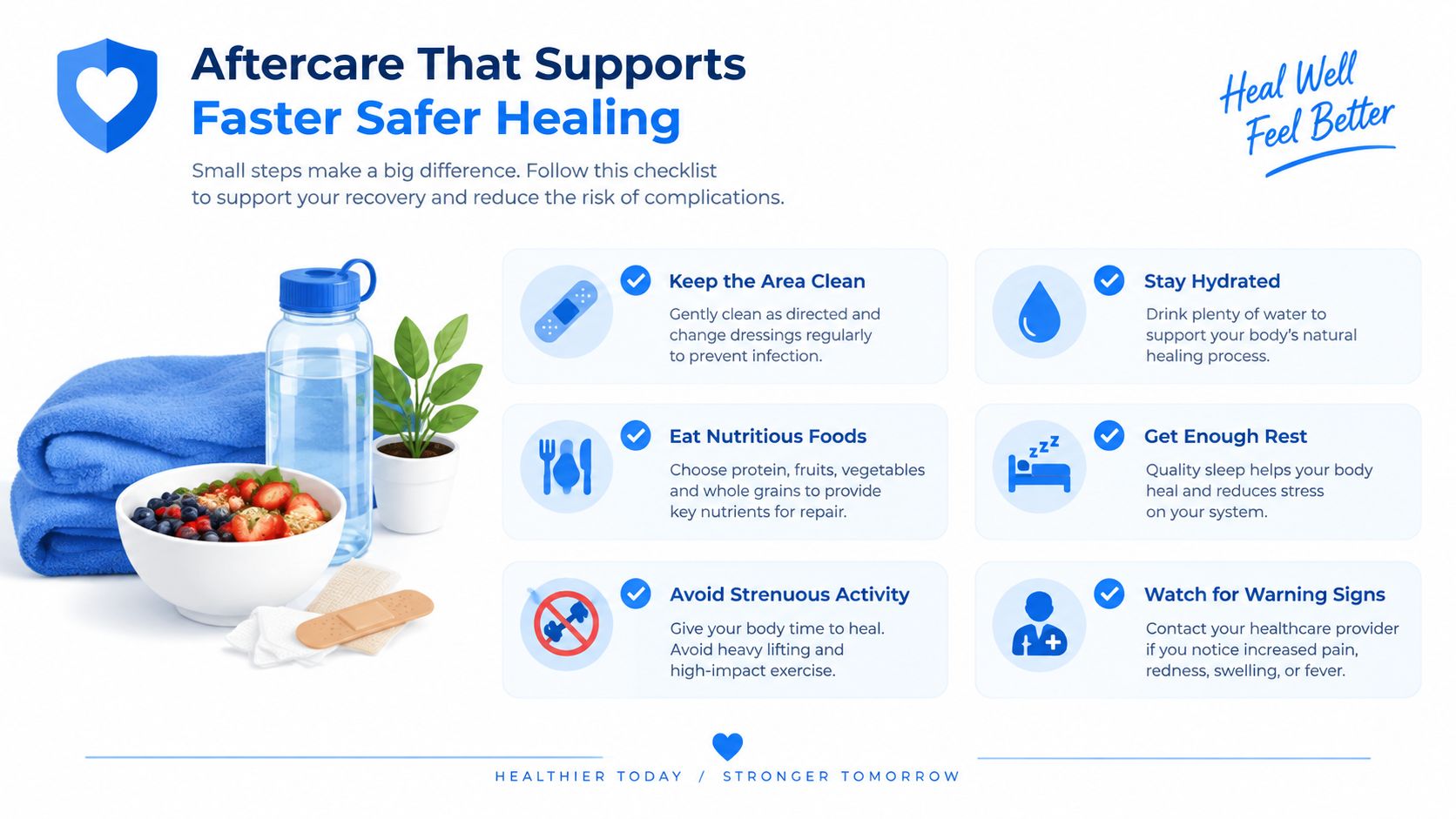 An infographic titled Aftercare That Supports Faster Safer Healing with six tips for post-procedure recovery.