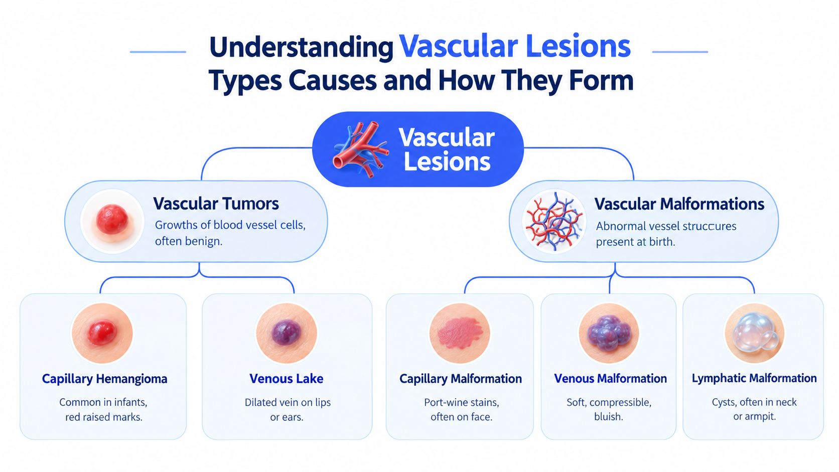 An educational infographic chart categorizing vascular lesions into vascular tumors and vascular malformations with examples.