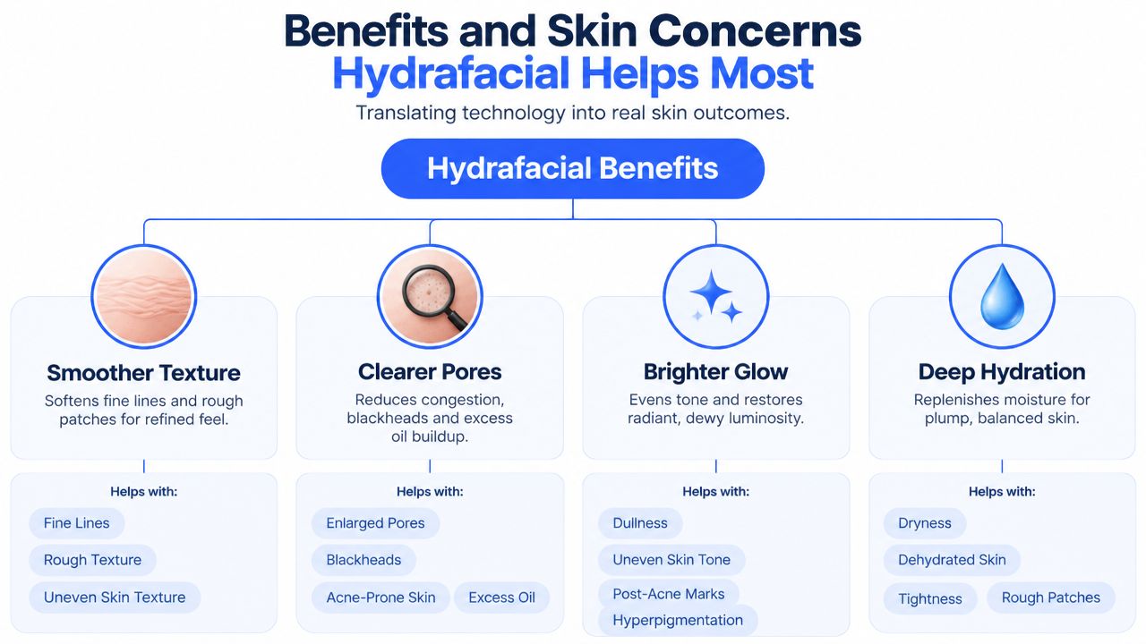 An infographic detailing the benefits of a Hydrafacial treatment, including smoother texture, clearer pores, brighter glow, and hydration.