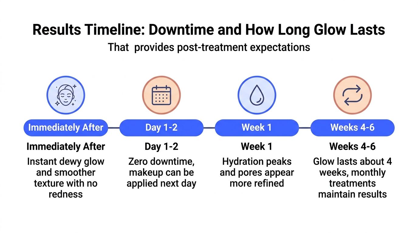 A timeline graphic showing post-treatment results, downtime, and how long the glow lasts after a procedure.
