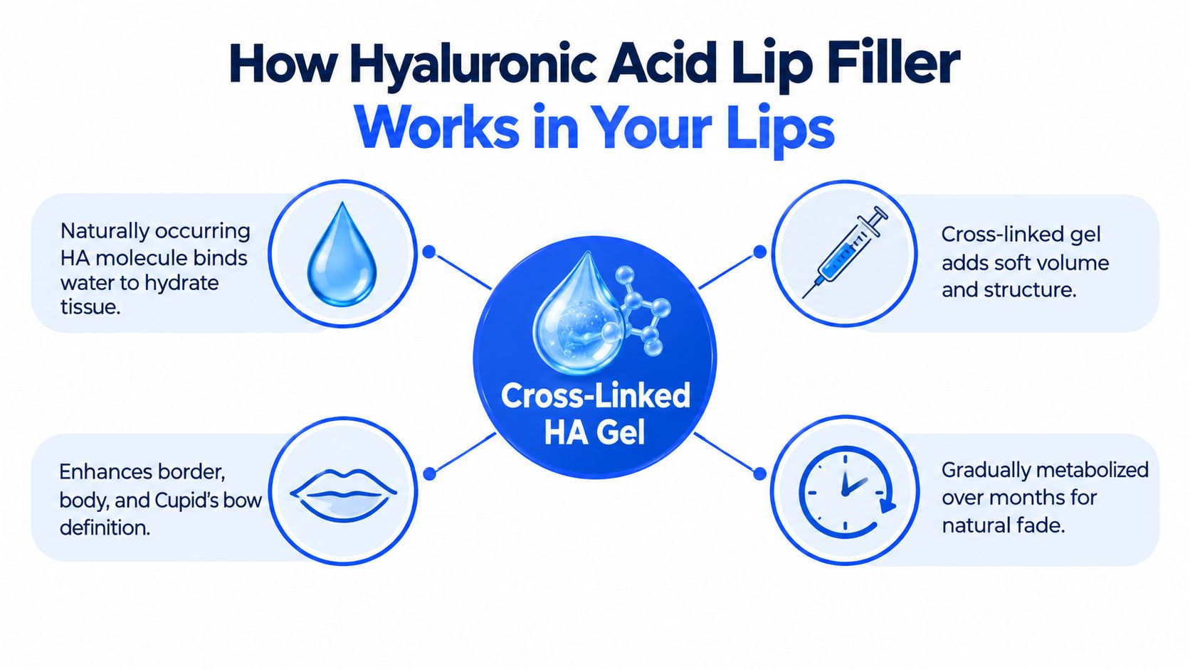 An infographic explaining how cross-linked hyaluronic acid lip filler hydrates, adds volume, and defines lips.