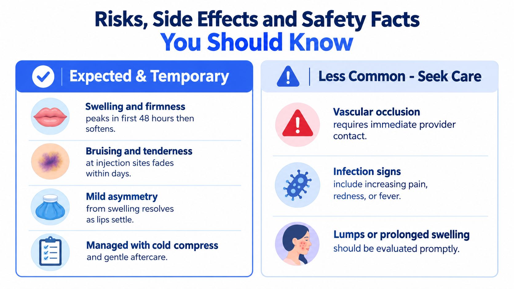 An infographic titled Risks, Side Effects and Safety Facts listing common and rare lip filler complications.