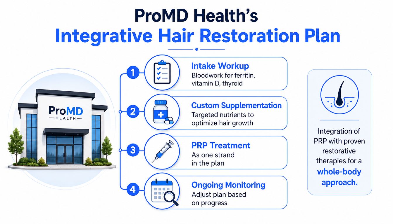 A four-step integrative hair restoration plan infographic by ProMD Health featuring diagnostic workup, supplementation, PRP treatment, and monitoring.