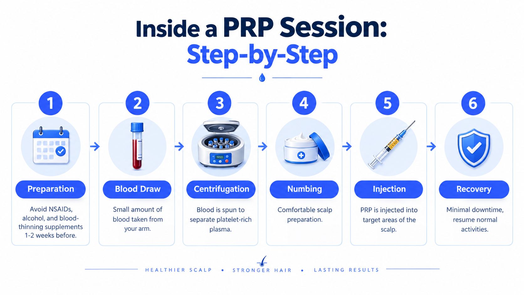 A step-by-step infographic illustrating the six-stage medical process of a PRP hair restoration therapy session.